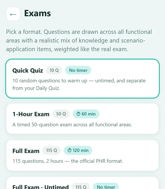The Exams screen with Quick Quiz, 1-Hour Exam and the full 115-question, 2-hour PHR format